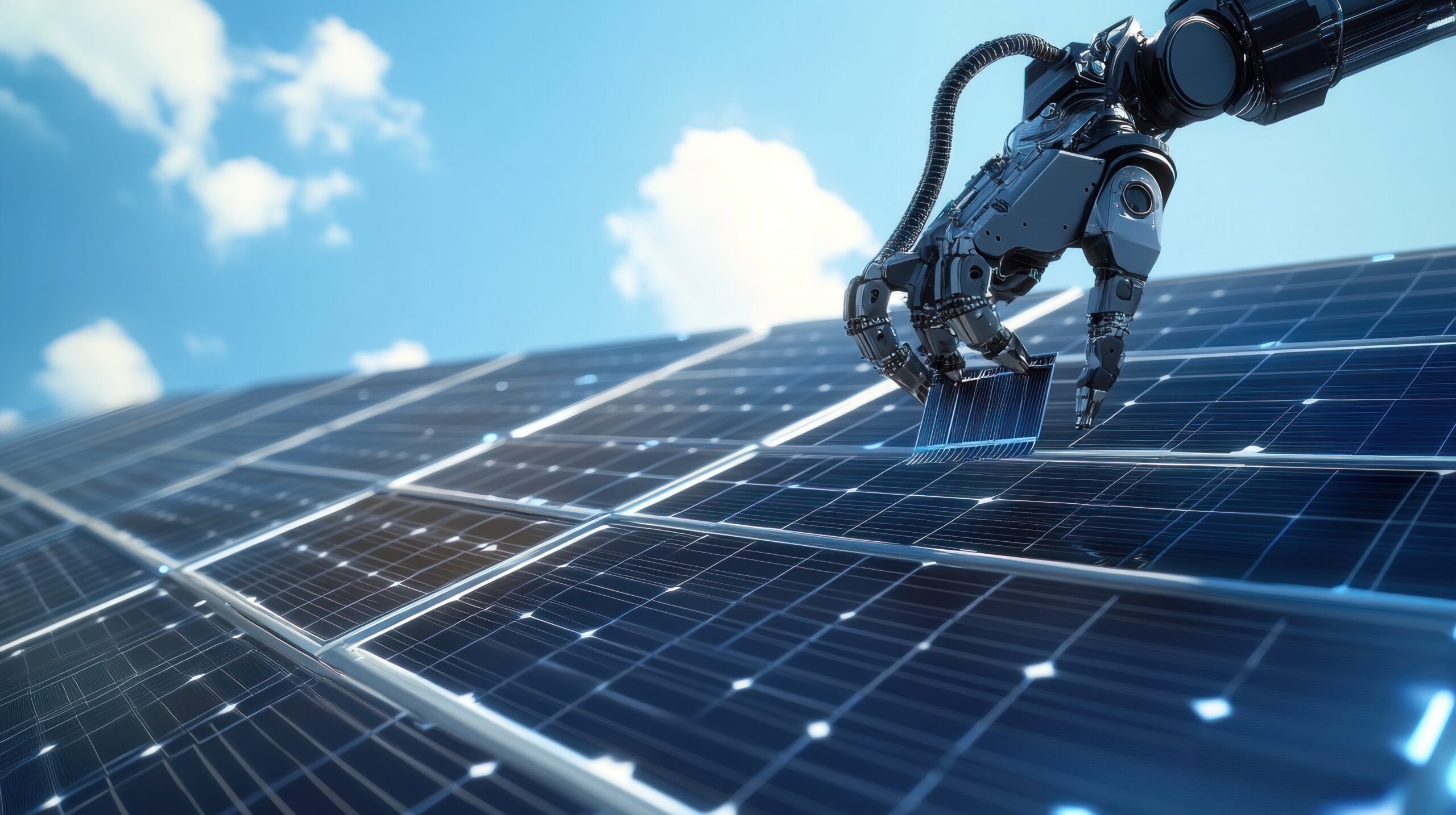 A robotic arm interacts with a large array of solar panels against a bright sky with scattered clouds. The image showcases a futuristic and technological approach to renewable energy. The lighting is bright and clear. The image is suitable for commercial or editorial use in advertisements and articles related to solar technology or robotics.