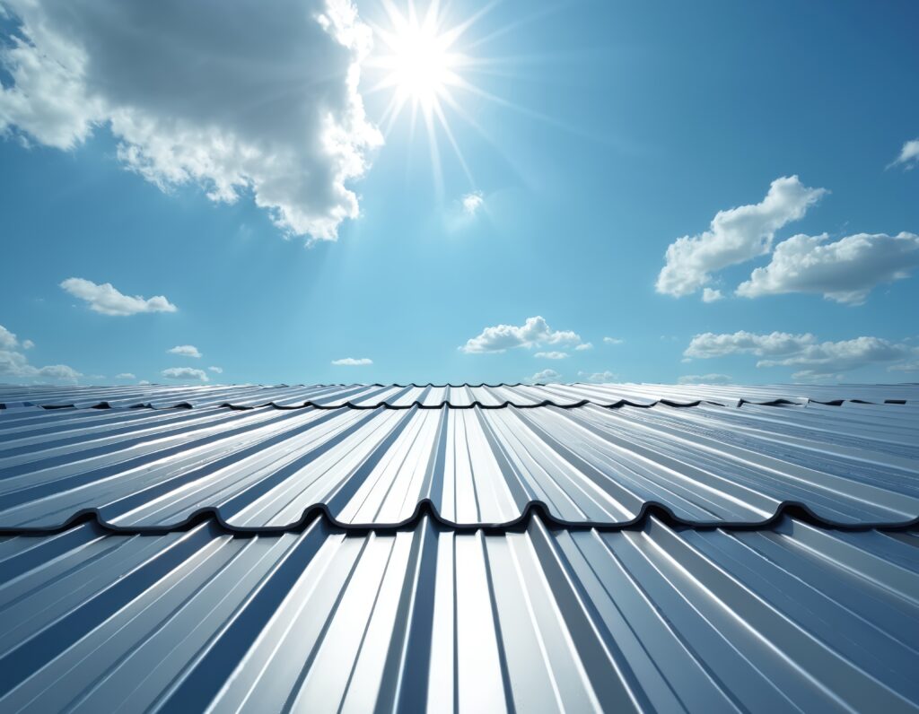 Metal roof tiles reflect bright sun under blue sky with clouds. Modern building exterior surface with, geometric pattern shines. Reflective material covers house.
